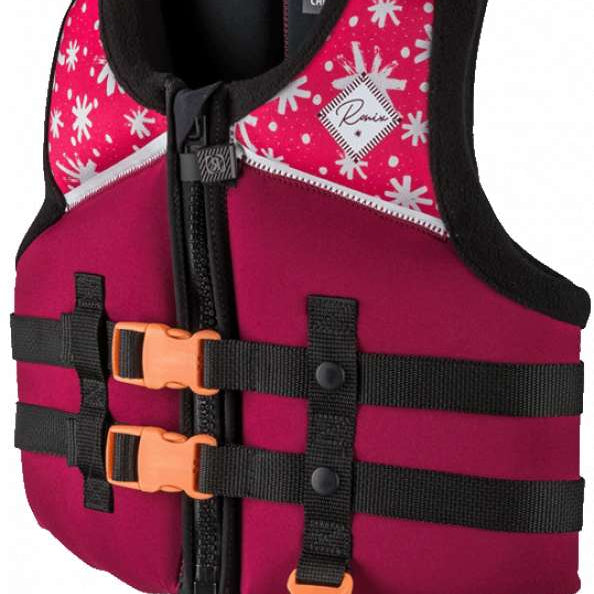 Ronix Kids Laguna CGA Vest 2023 - Pink life jacket with white starburst pattern and black trim.