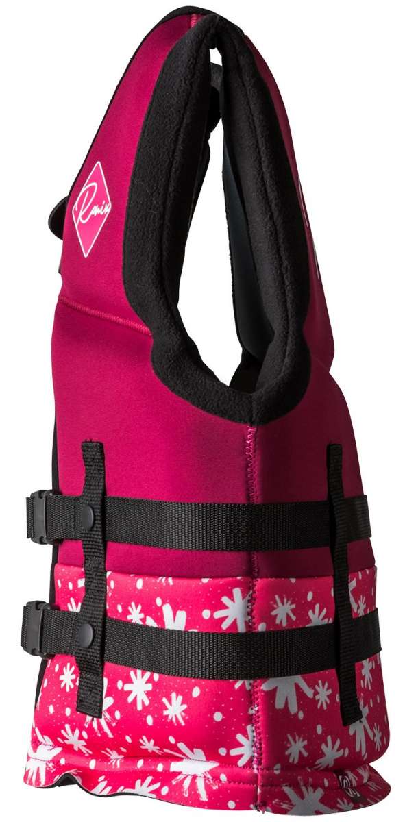 Ronix Girls Laguna CGA Wake Vest 2022 - Pink life jacket with white floral pattern and black straps.