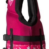 Ronix Girls Laguna CGA Wake Vest 2022 - Pink life jacket with white floral pattern and black straps.