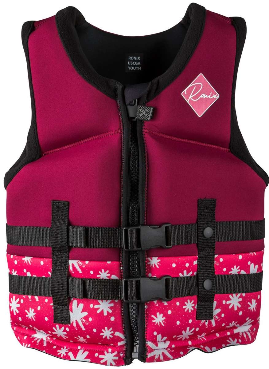 Ronix Girls Laguna CGA Wake Vest 2022 - Pink life jacket with white floral pattern and black straps.