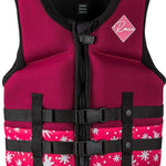 Ronix Girls Laguna CGA Wake Vest 2022 - Pink life jacket with white floral pattern and black straps.