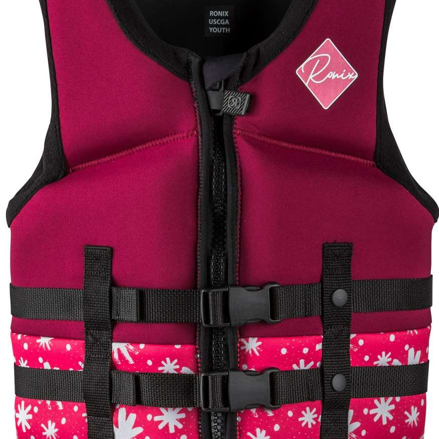 Ronix Girls Laguna CGA Wake Vest 2022 - Pink life jacket with white floral pattern and black straps.