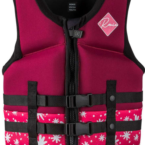Ronix Toddler Laguna CGA Wake Vest 2022 - A bright blue and white floral patterned life vest with a black strap across the chest.