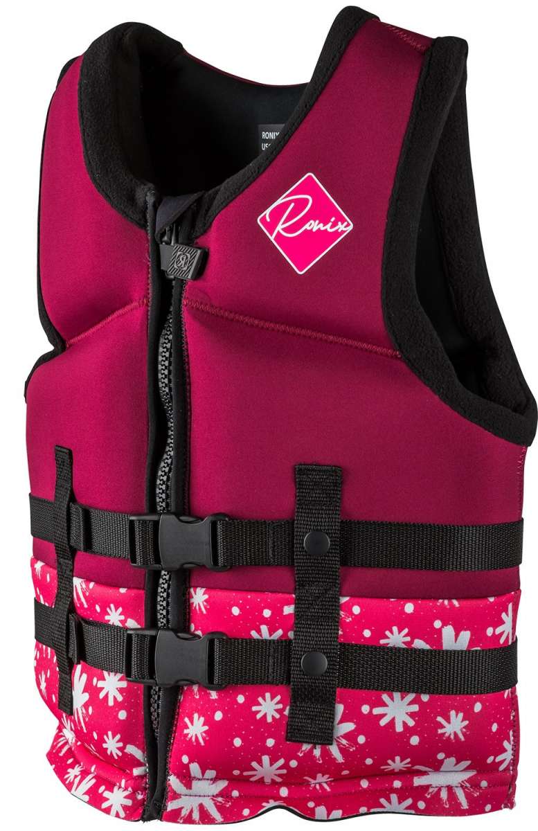 Ronix Girls Laguna CGA Wake Vest 2022 - Pink life jacket with white floral pattern and black straps.