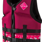 Ronix Girls Laguna CGA Wake Vest 2022 - Pink life jacket with white floral pattern and black straps.
