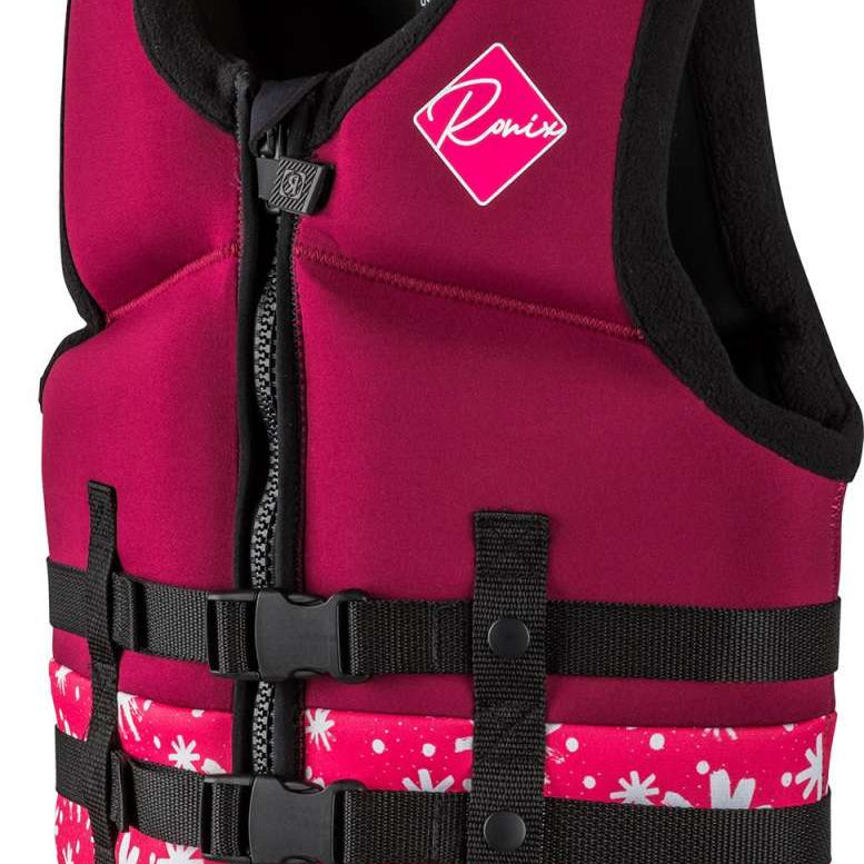Ronix Girls Laguna CGA Wake Vest 2022 - Pink life jacket with white floral pattern and black straps.