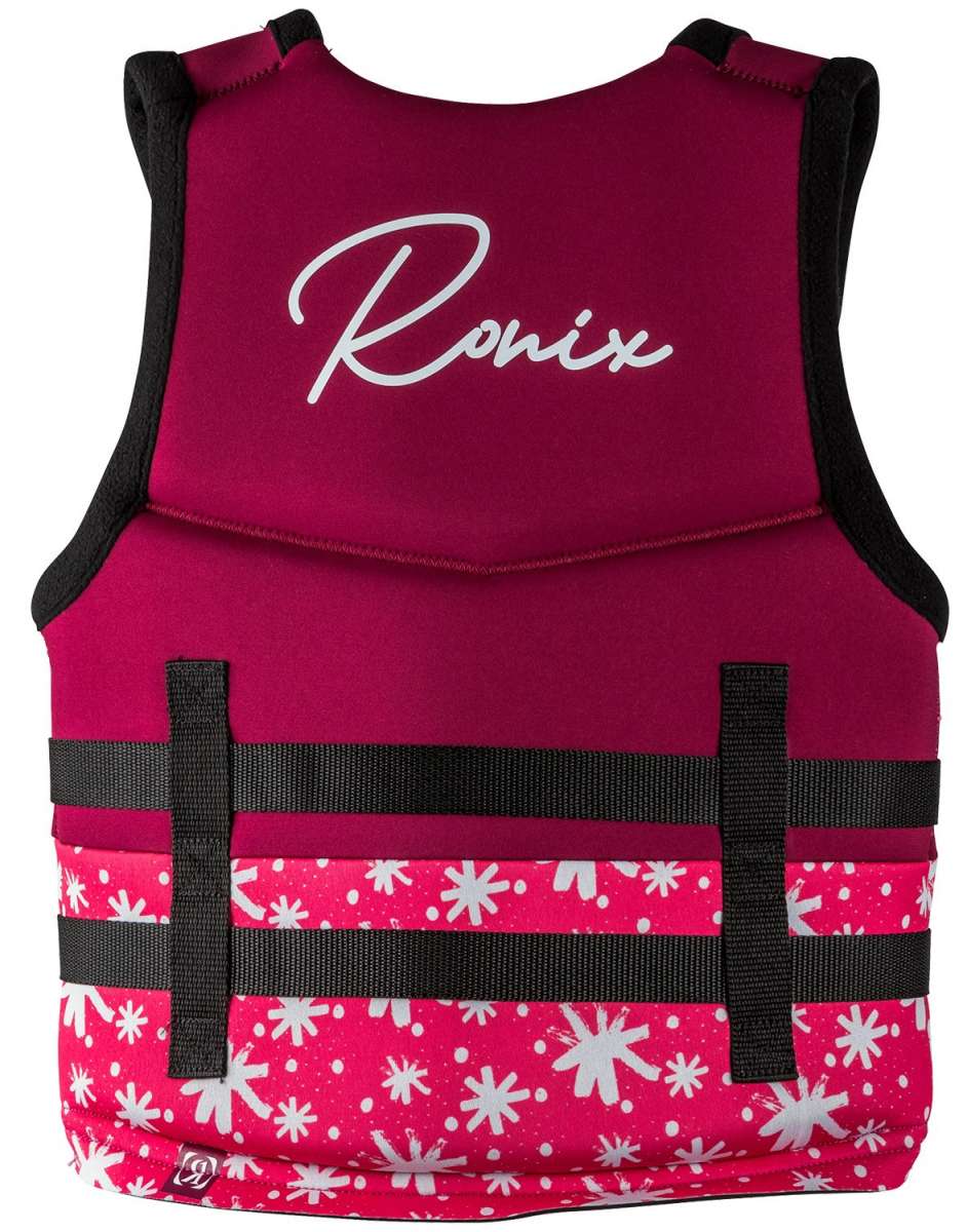 Ronix Girls Laguna CGA Wake Vest 2022 - A pink life vest with white flowers and dots on a solid pink background.