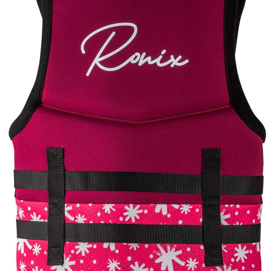 Ronix Girls Laguna CGA Wake Vest 2022 - A pink life vest with white flowers and dots on a solid pink background.