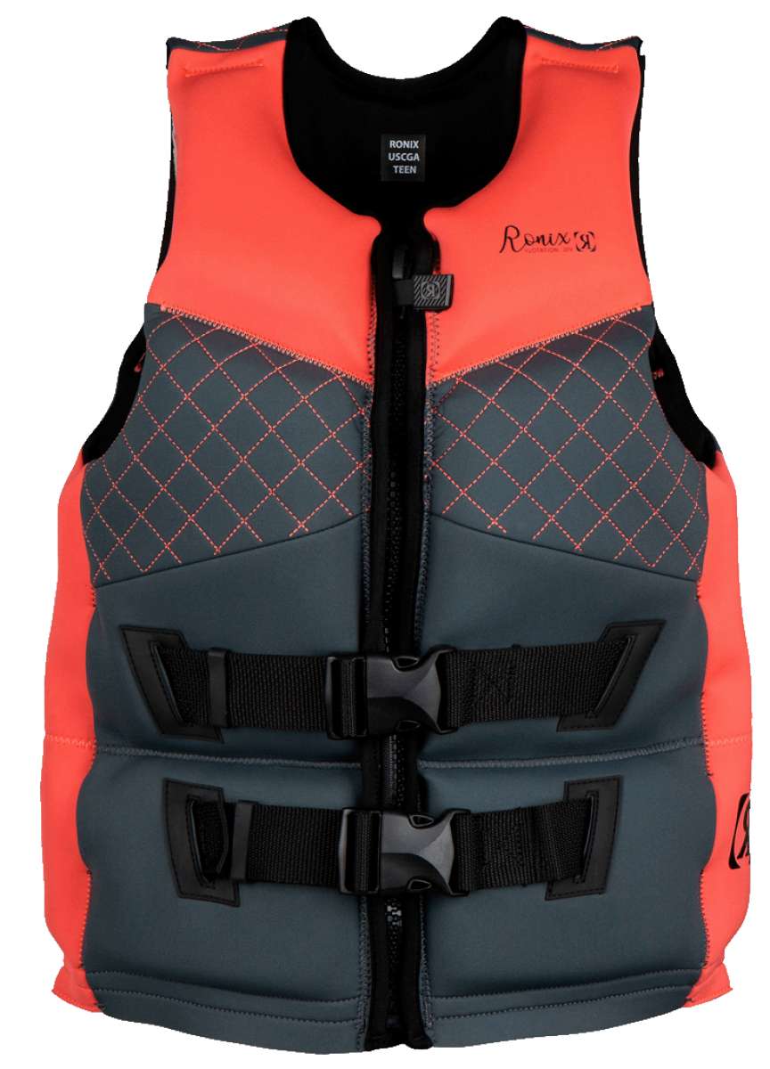 Ronix Girls Prom Queen Cappella 3.0 CGA Wake Vest 2022 - A coral-colored vest with a diamond pattern and black straps.