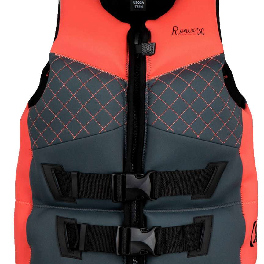 Ronix Girls Prom Queen Cappella 3.0 CGA Wake Vest 2022 - A coral-colored vest with a diamond pattern and black straps.