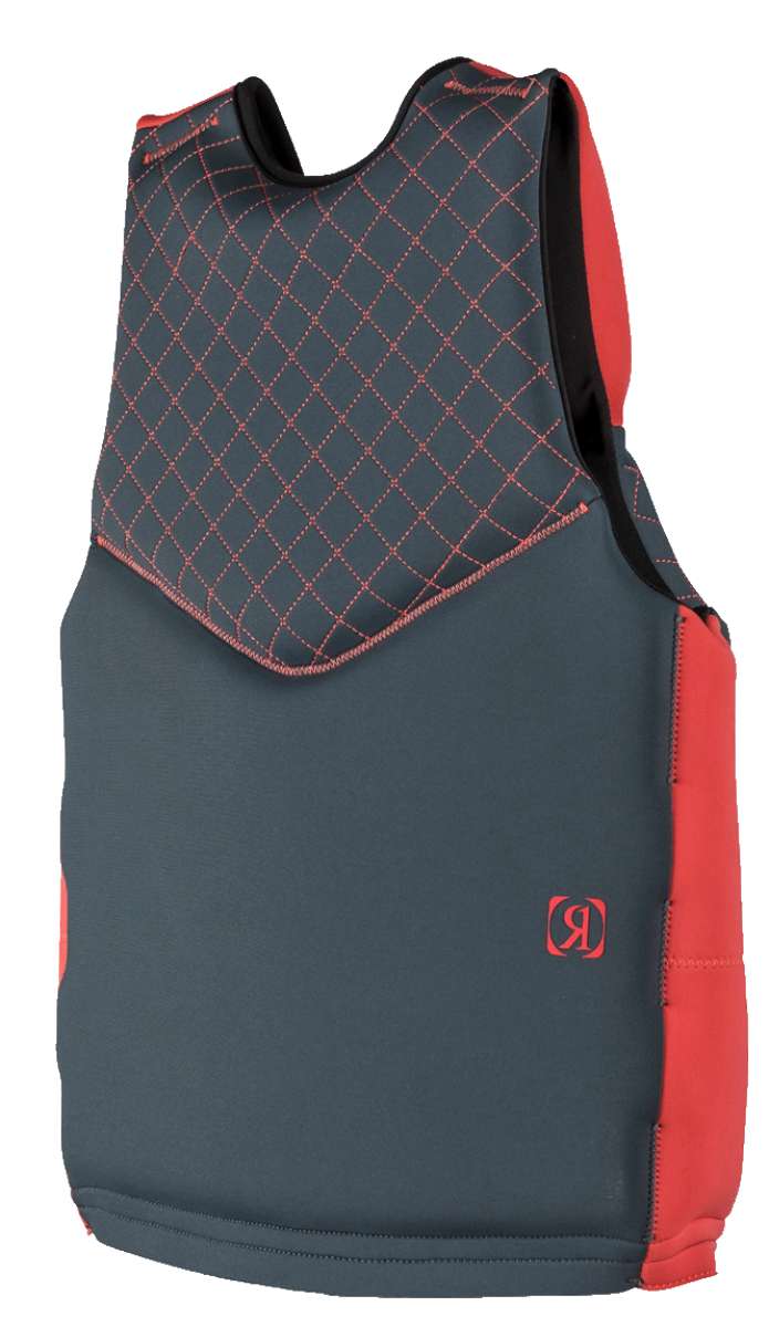 Ronix Girls Prom Queen Cappella 3.0 CGA Wake Vest 2022 - A dark gray vest with a red and white floral pattern on the front, featuring a black strap at the back.