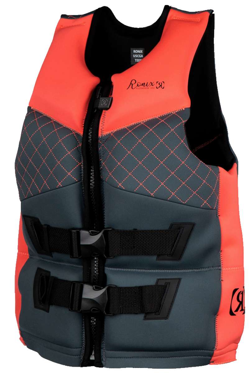 Ronix Girls Prom Queen Cappella 3.0 CGA Wake Vest 2022 - A coral-colored vest with a diamond pattern on the chest and back, featuring black straps and buckles.