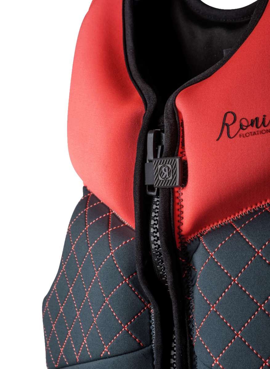 Ronix Girls Prom Queen Cappella 3.0 CGA Wake Vest 2022 - A coral-colored life vest with a black strap and buckle, featuring a diamond pattern on the chest area.