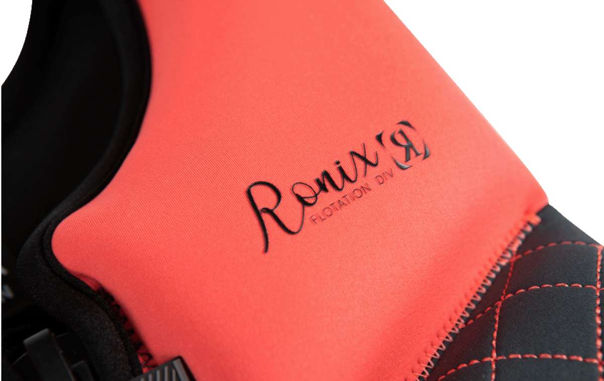 Ronix Girls Prom Queen Cappella 3.0 CGA Wake Vest 2022 - Pink life jacket with black straps and a white logo on the chest.