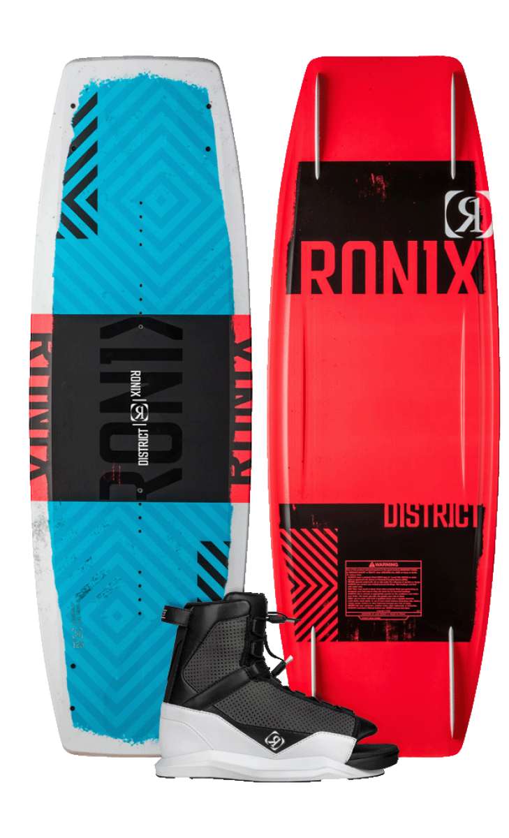 Ronix Juniors District 129 Wakeboard - A blue and white wakeboard with a black strap on top.