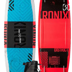 Ronix Juniors District 129 Wakeboard - A blue and white wakeboard with a black strap on top.
