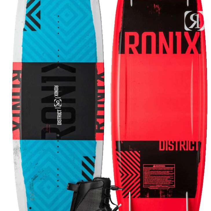 Ronix Juniors District 129 Wakeboard - A blue and white wakeboard with a black strap on top.