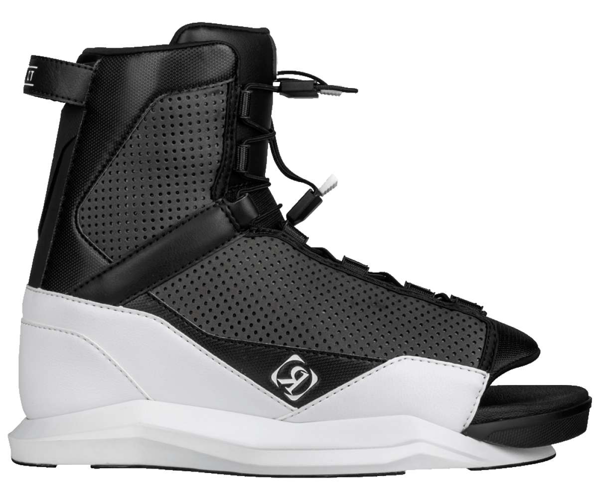 Ronix Juniors District 129 Wakeboard With District Bindings 2022 - A black and white wakeboard with a white logo on the top of the board, featuring a strap binding system.