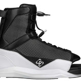 Ronix Juniors District 129 Wakeboard With District Bindings 2022 - A black and white wakeboard with a white logo on the top of the board, featuring a strap binding system.