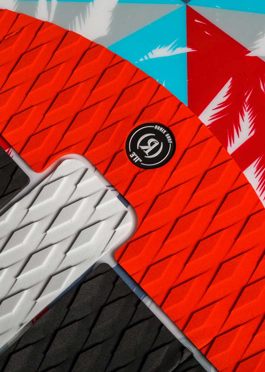 Ronix Kids Super Sonic Space Odyssey Skimmer Wakesurf Board 2022 - A blue and white wakesurf board with a space-themed design, featuring a rocket ship on its side.