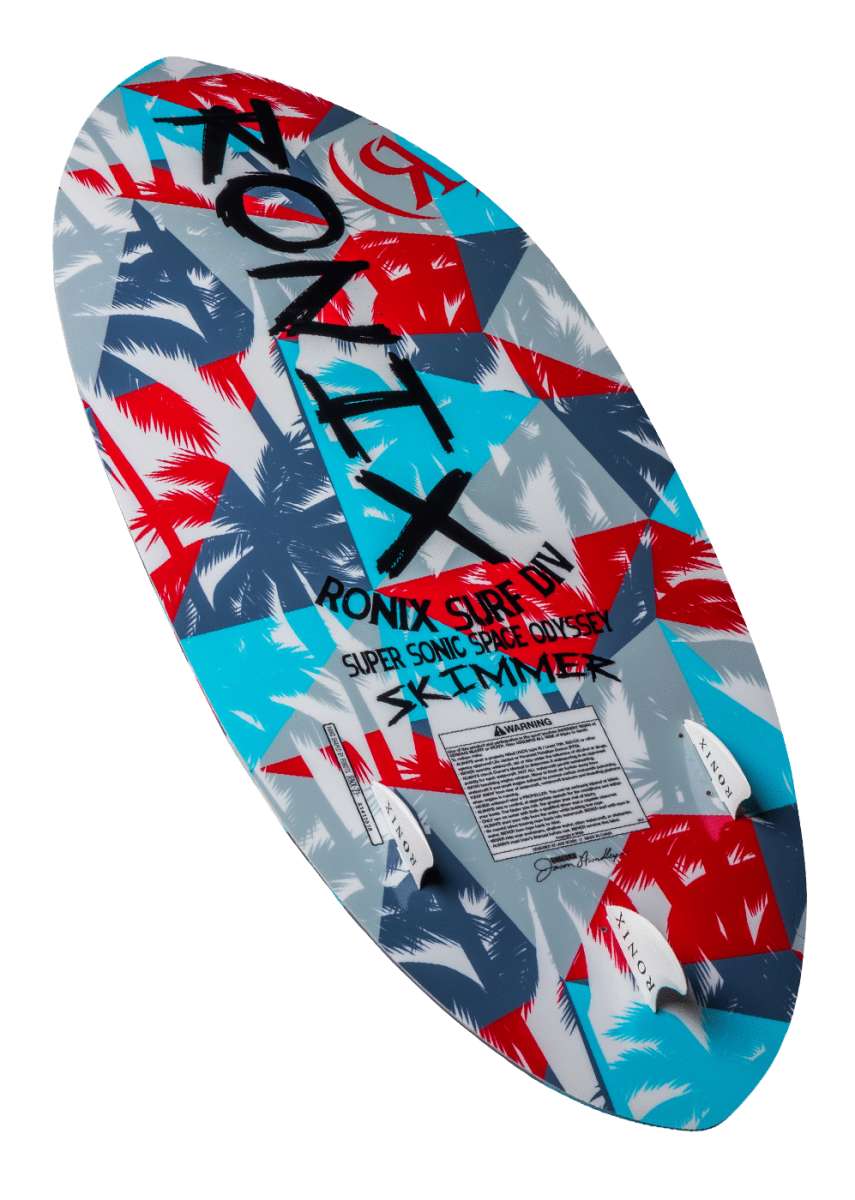 Ronix Kids Super Sonic Space Odyssey Skimmer Wakesurf Board 2022 - A blue and red wakesurf board with a space-themed design, featuring palm trees and stars.