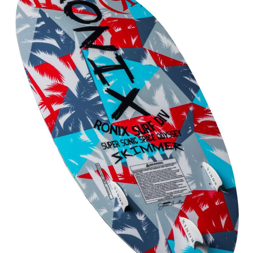 Ronix Kids Super Sonic Space Odyssey Skimmer Wakesurf Board 2022 - A blue and red wakesurf board with a space-themed design, featuring palm trees and stars.