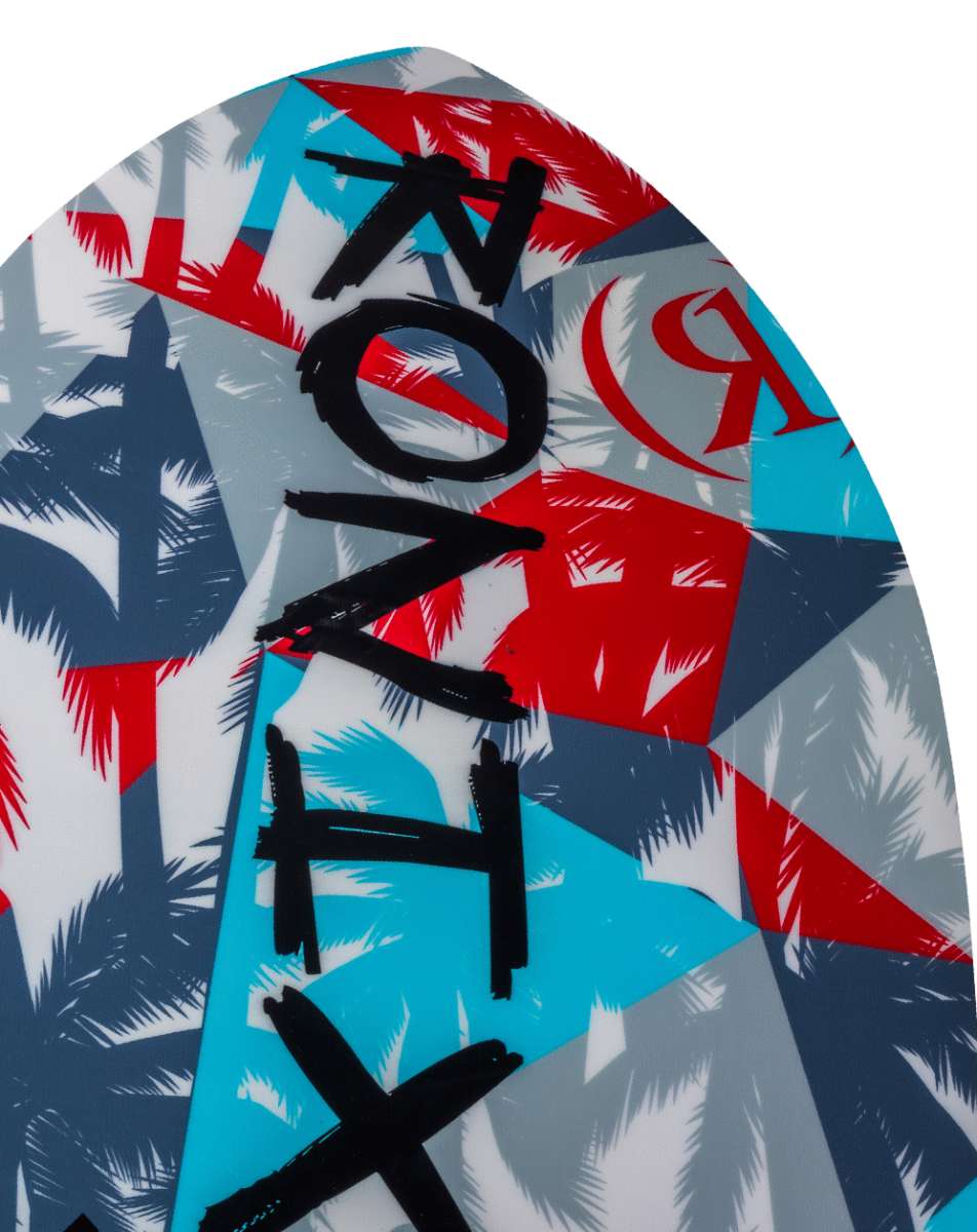 Ronix Kids Super Sonic Space Odyssey Skimmer Wakesurf Board 2022 - A blue and red wakesurf board with a space-themed design, featuring a rocket ship on its side.
