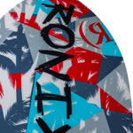 Ronix Kids Super Sonic Space Odyssey Skimmer Wakesurf Board 2022 - A blue and red wakesurf board with a space-themed design, featuring a rocket ship on its side.