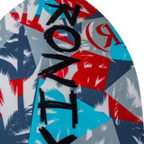 Ronix Kids Super Sonic Space Odyssey Skimmer Wakesurf Board 2022 - A blue and red wakesurf board with a space-themed design, featuring a rocket ship on its side.