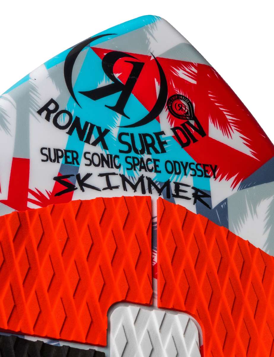 Ronix Kids Super Sonic Space Odyssey Skimmer Wakesurf Board 2022 - A blue and red wakesurf board with a space-themed design, featuring a rocket ship on its side.