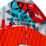 Ronix Kids Super Sonic Space Odyssey Skimmer Wakesurf Board 2022 - A blue and red wakesurf board with a space-themed design, featuring a rocket ship on its side.