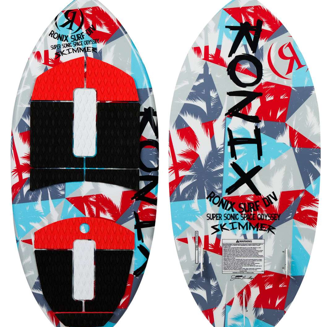 Ronix Kids Super Sonic Space Odyssey Skimmer Wakesurf Board 2022 - A blue and red wakesurf board with a space-themed design, featuring palm trees and stars.