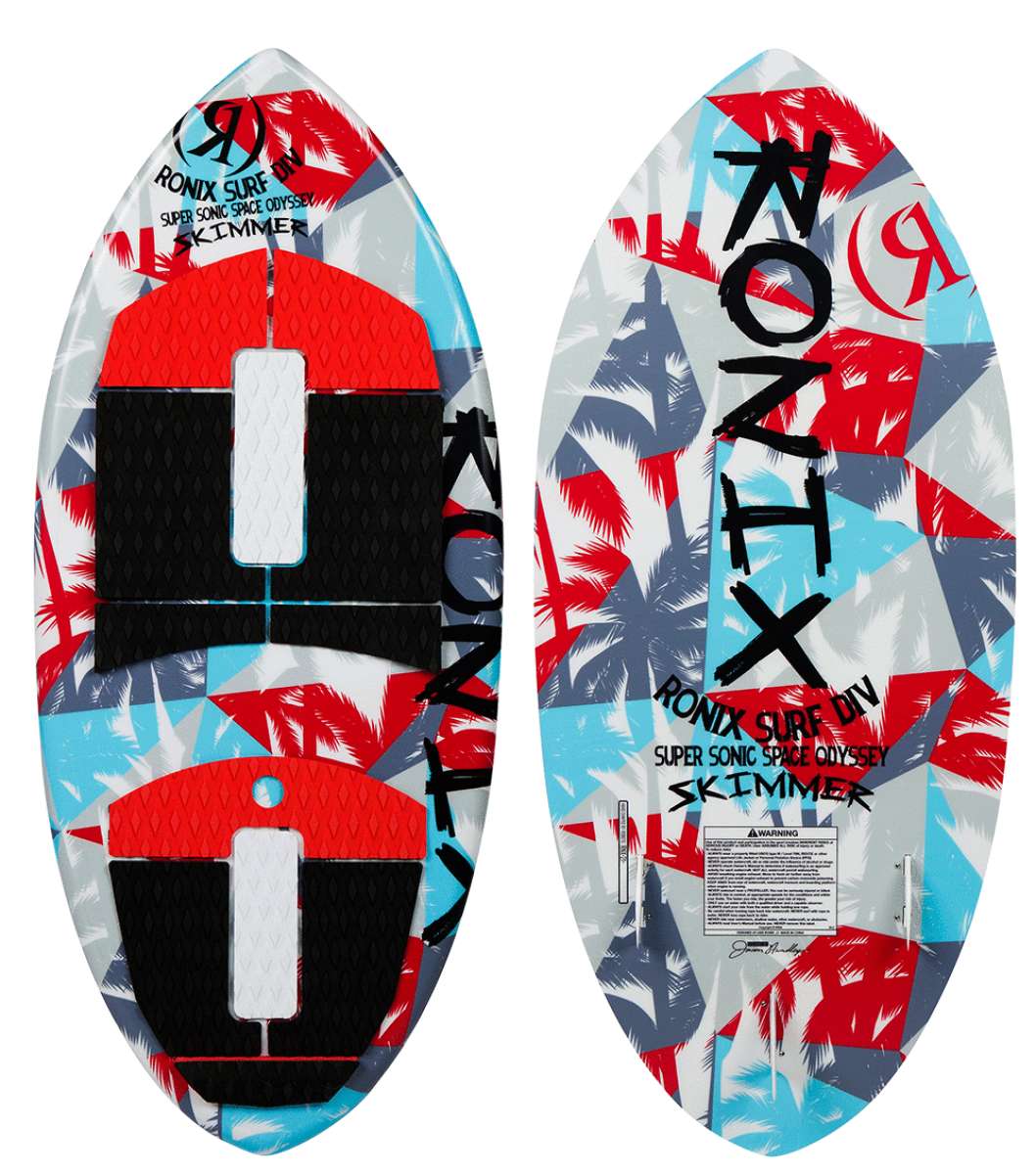 Ronix Kids Super Sonic Space Odyssey Skimmer Wakesurf Board 2022 - A blue and red wakesurf board with a space-themed design, featuring palm trees and stars.