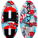 Ronix Kids Super Sonic Space Odyssey Skimmer Wakesurf Board 2022 - A blue and red wakesurf board with a space-themed design, featuring palm trees and stars.