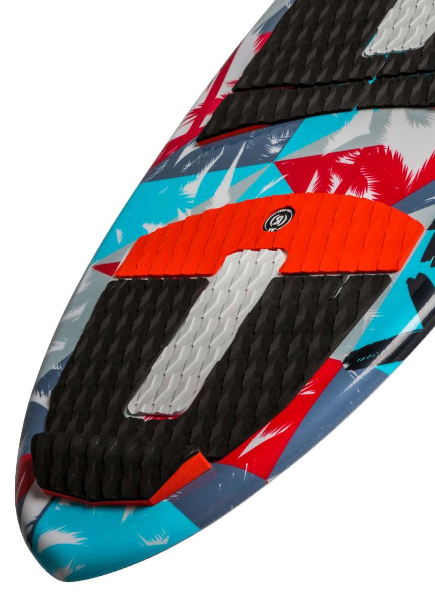 Ronix Kids Super Sonic Space Odyssey Skimmer Wakesurf Board 2022 - A blue and purple wakesurf board with a space-themed design, featuring a rocket ship on its side.