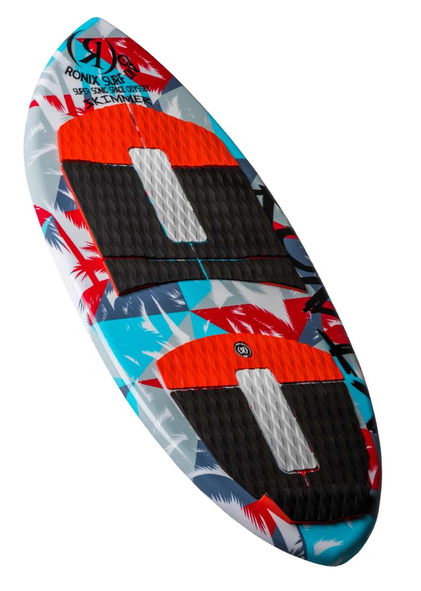 Ronix Kids Super Sonic Space Odyssey Skimmer Wakesurf Board 2022 - A blue and red wakesurf board with a space-themed design, featuring a rocket ship on its top surface.