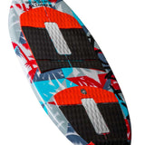 Ronix Kids Super Sonic Space Odyssey Skimmer Wakesurf Board 2022 - A blue and red wakesurf board with a space-themed design, featuring a rocket ship on its top surface.