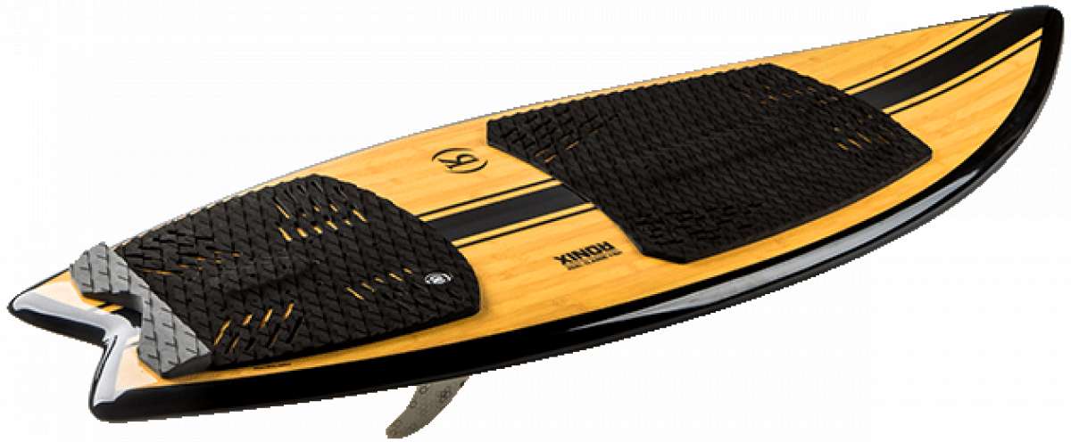Ronix Koal Classic Fish Wakesurf Board 2023 - A light-colored board with a fish-shaped outline and a black fin on its underside.
