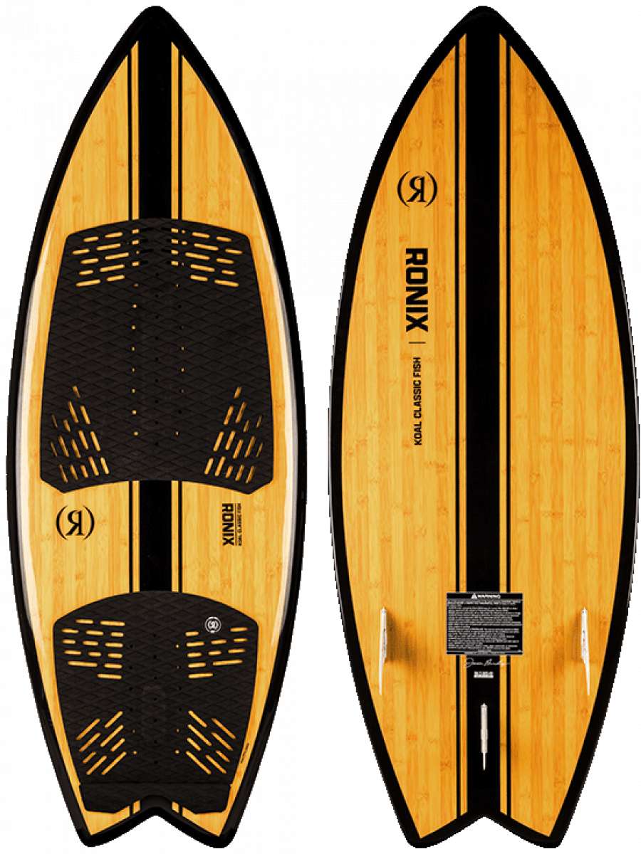 Ronix Koal Classic Fish Wakesurf Board 2023 - A light brown wakesurf board with a black stripe down the middle and black fins at the back.
