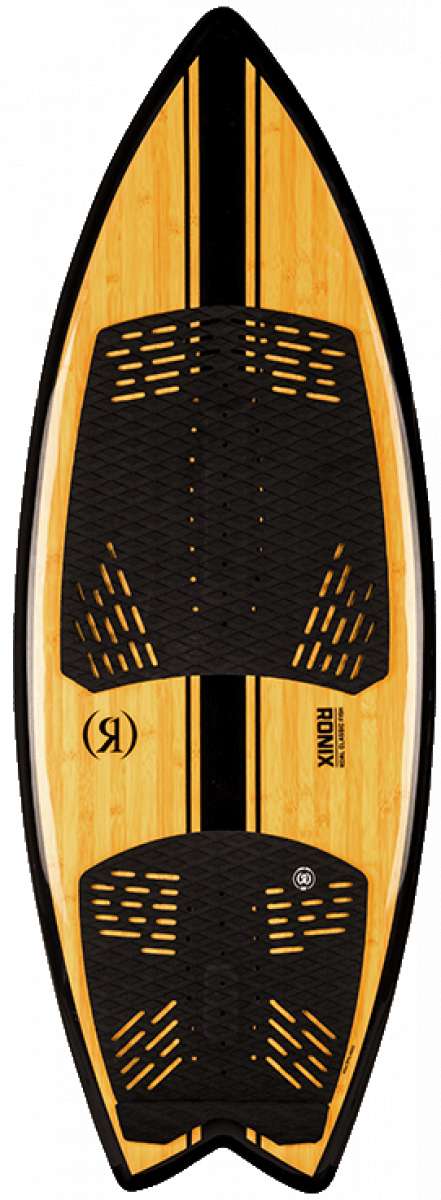 Ronix Koal Classic Fish Wakesurf Board 2023 - A light-colored wakesurf board with a fish-shaped design and black accents on its top surface.