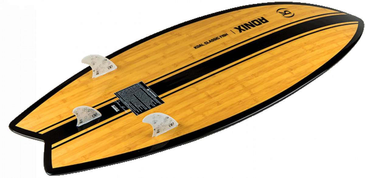 Ronix Koal Classic Fish Wakesurf Board 2023 - A light-colored board with a wood grain pattern and black trim, featuring three fins on top.