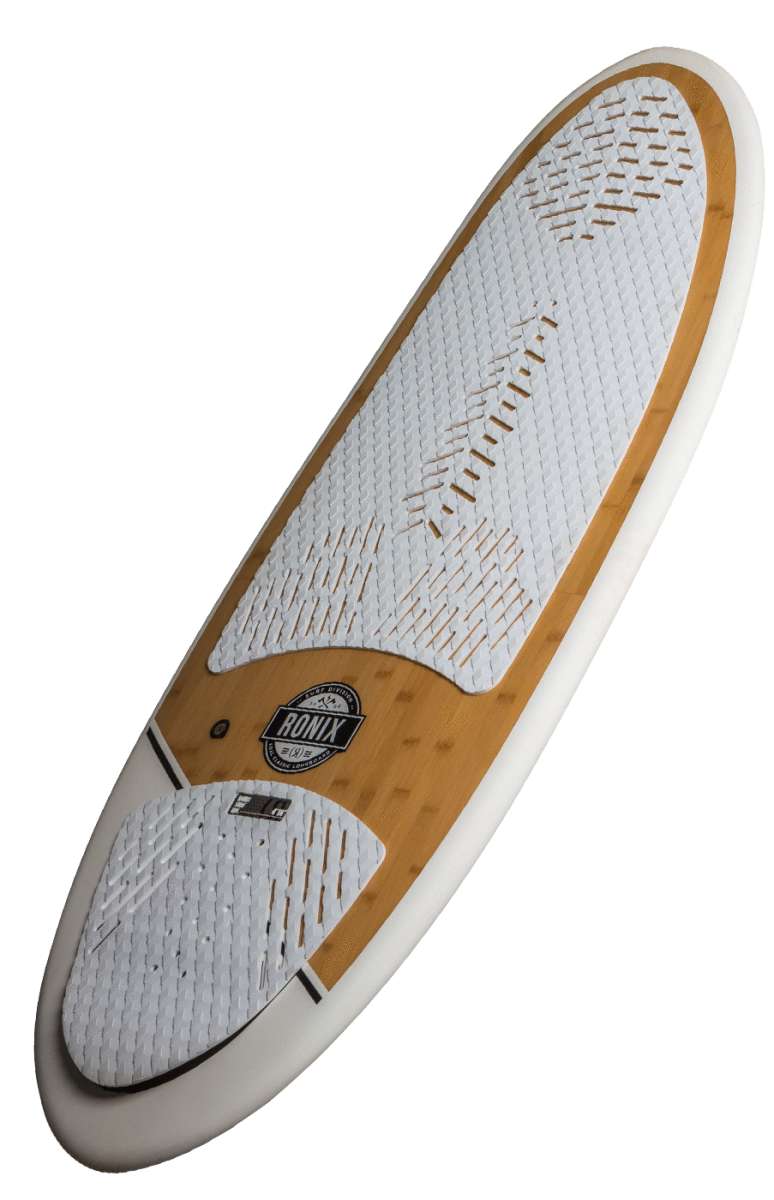 Ronix Koal Classic Longboard Wakesurf Board 2022 - A brown longboard with a white patterned top and a black logo that says "RONIX" in white letters.