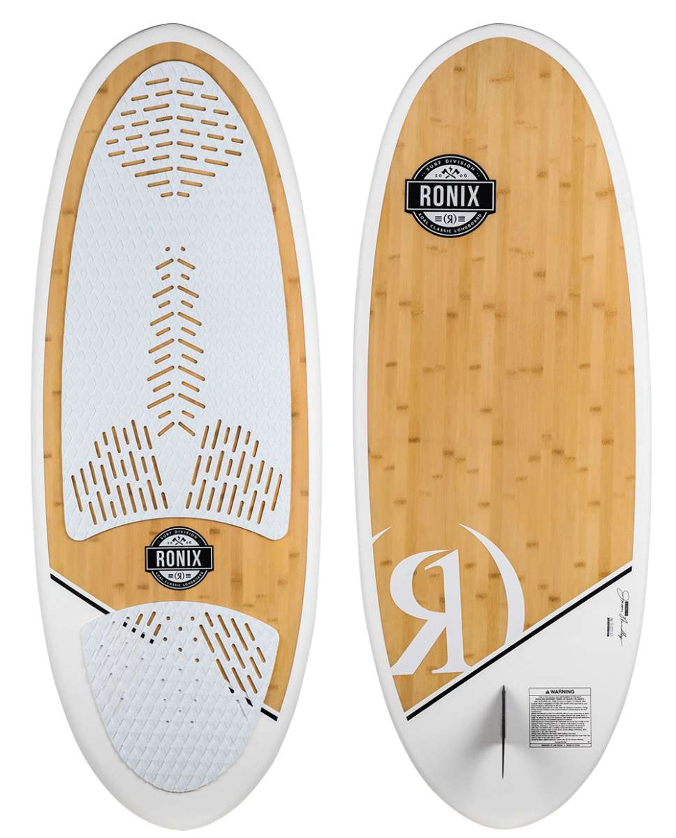 Ronix Koal Classic Longboard Wakesurf Board 2022 - A light brown longboard with a white logo and black lettering on top of it.
