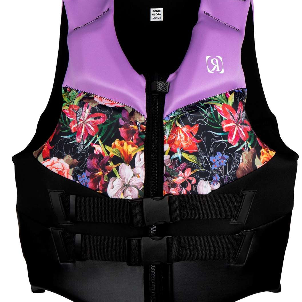 Ronix Ladies Daydream CGA Vest 2022 - A purple life vest with a floral pattern on the front and back, featuring pink flowers and green leaves against a black background.
