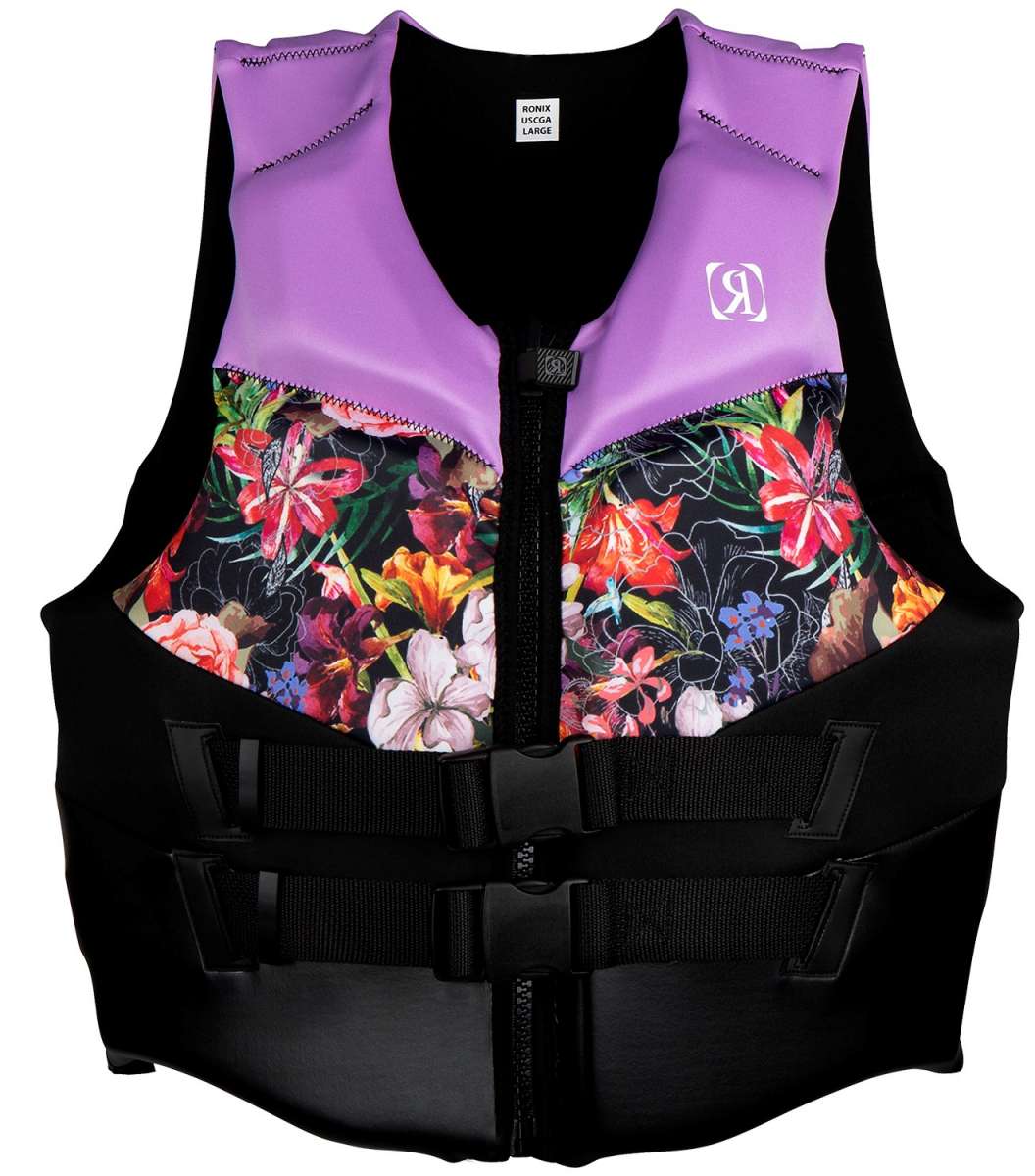 Ronix Ladies Daydream CGA Vest 2022 - A purple life vest with a floral pattern on the front and back, featuring pink flowers and green leaves against a black background.