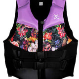 Ronix Ladies Daydream CGA Vest 2022 - A purple life vest with a floral pattern on the front and back, featuring pink flowers and green leaves against a black background.