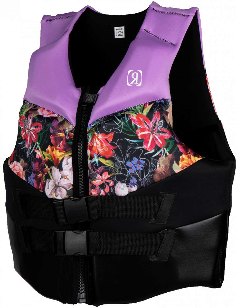 Ronix Ladies Daydream CGA Vest 2023 - A black life vest with a vibrant floral pattern featuring pink, red, and white flowers on the chest area.