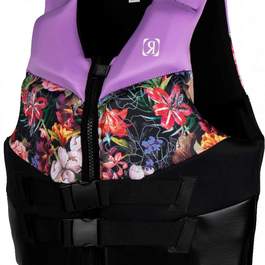 Ronix Ladies Daydream CGA Vest 2023 - A black life vest with a vibrant floral pattern featuring pink, red, and white flowers on the chest area.
