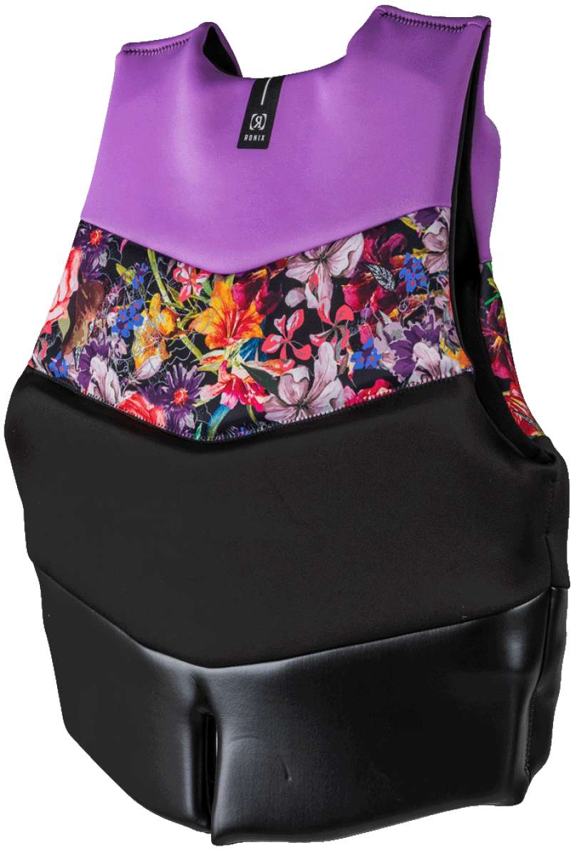 Ronix Ladies Daydream CGA Vest 2023 - A purple and black floral-patterned vest with a black background, featuring pink, orange, yellow, blue, and white flowers.