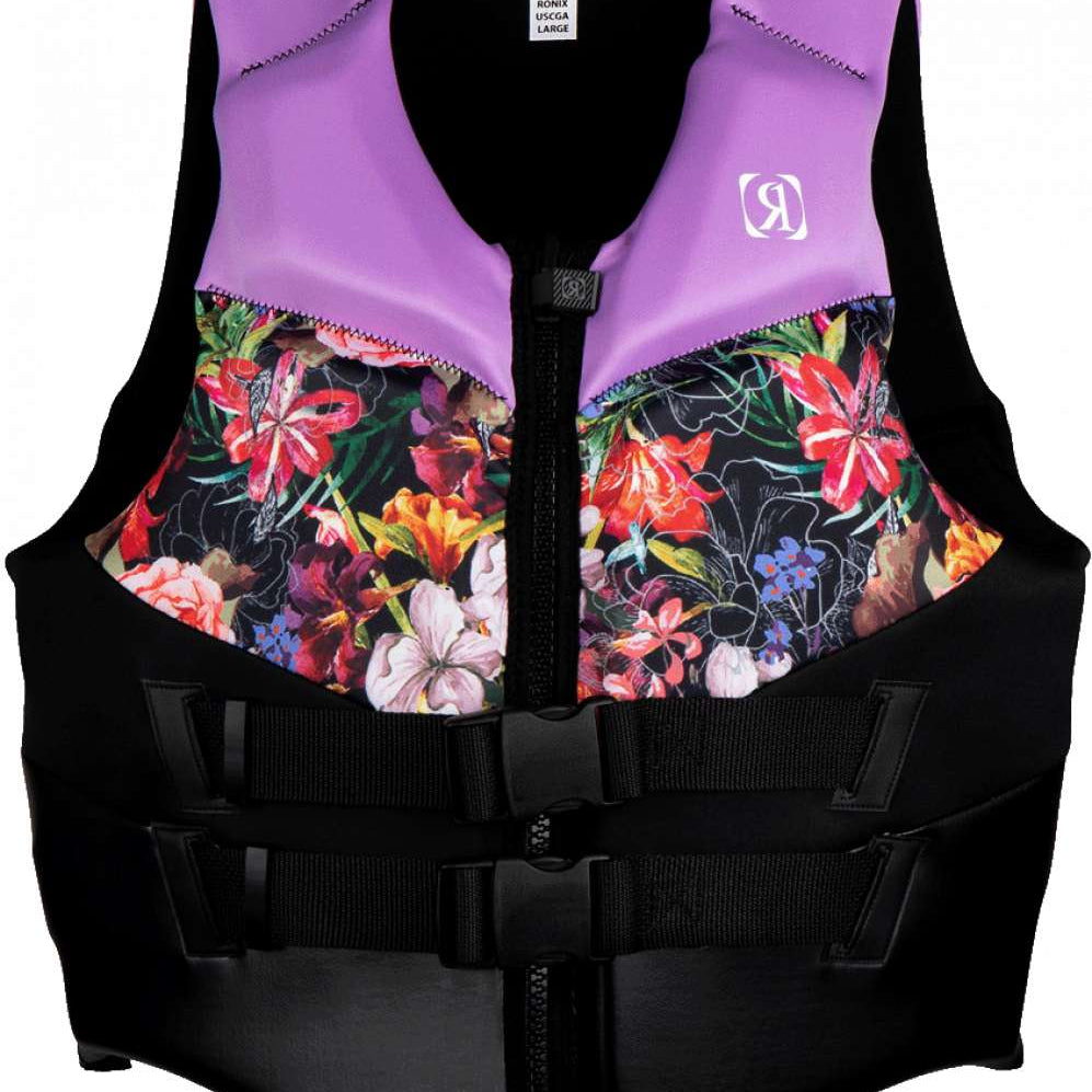 Ronix Ladies Daydream CGA Vest 2023 - A purple vest with a floral pattern on the front, featuring pink and white flowers against a black background.